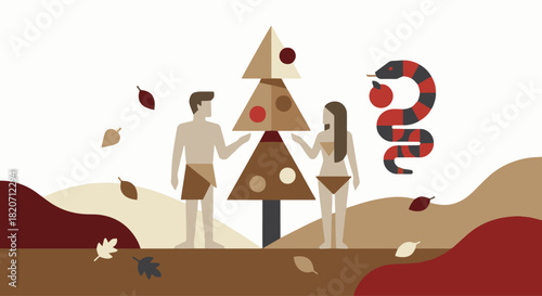 Minimalist Flat Vector Fall Scene
Adam and Eve standing beside the Tree of Knowledge, stylized serpent coiled around a simple flat apple, bold geometric shapes, minimal neutral tones with red accents,