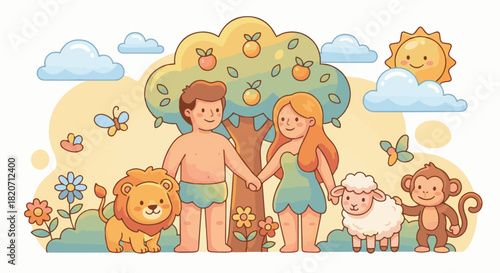 Flat Cartoon Vector Eden
Playful flat cartoon-style Adam and Eve, warm friendly colors, rounded shapes, simplified nature elements, cute animals, cheerful and wholesome vector design.