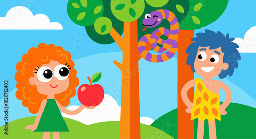 Bold Flat Cartoon Vector
Vibrant flat cartoon style showing Eve holding the fruit with Adam beside her, the serpent smiling playfully from the tree, exaggerated simple shapes, bright saturated vector 