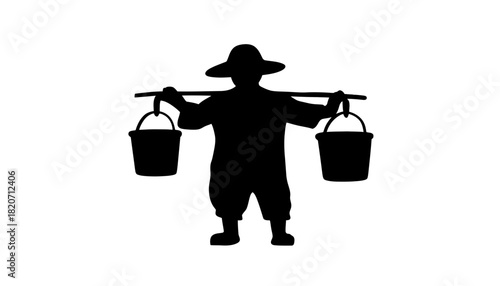 A silhouette of a person carrying two buckets on a yoke