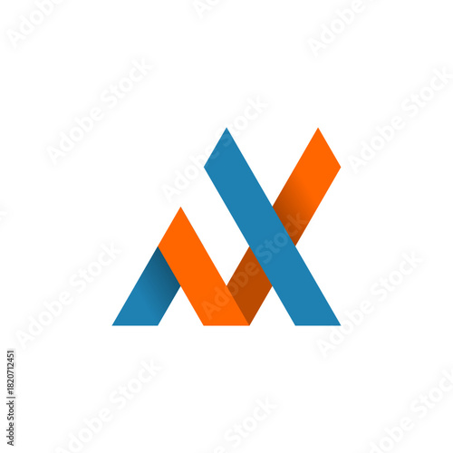 Intertwined letters forming an abstract M, V, or X symbol. Orange and blue ribbon design for a corporate logo or technology icon
