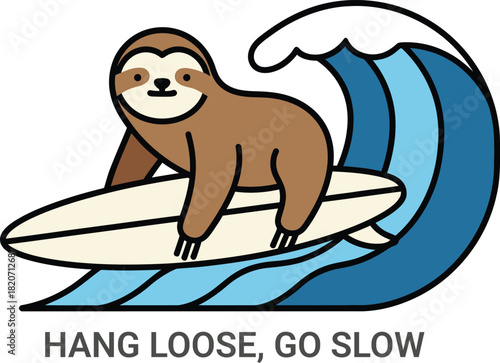 Hang Loose Go Slow surfing sloth illustration for t-shirt merch