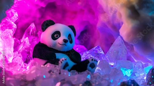 Stuffed panda in a magical crystal cave