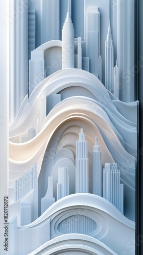A minimalist, abstract sculpture depicting a cityscape with stylized skyscrapers and flowing, wave-like forms, rendered in white and light blue tones with subtl