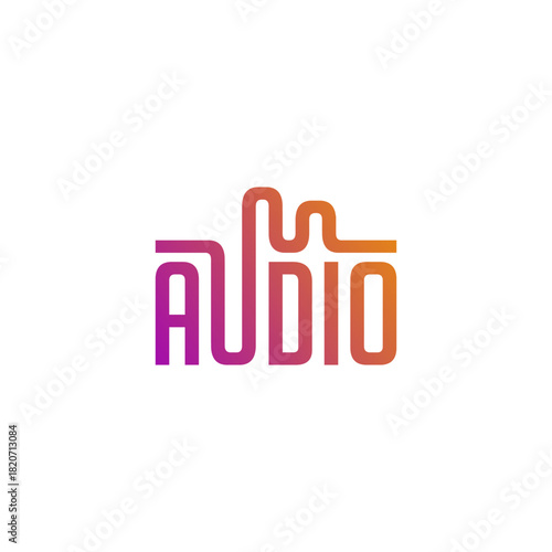 Vibrant gradient audio wordmark logo, creatively integrating sound wave elements within a modern typographic design, perfect for digital media, music, and podcasting branding