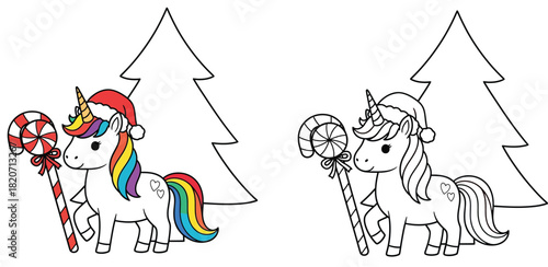 Christmas unicorn coloring page vector. Cute pony with rainbow hair and Santa hat holding a candy cane. Winter holiday activity for kids. Line art and colored version.