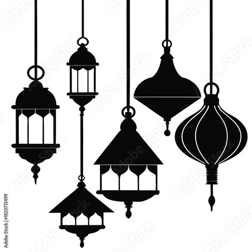 Hanging silhouette lanterns in various shapes symbolize traditional Islamic festive celebrations and cultural appreciation