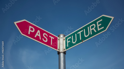 A fork in the road sign one arrow points to PAST in pink the other to FUTURE in green against a blue sky.