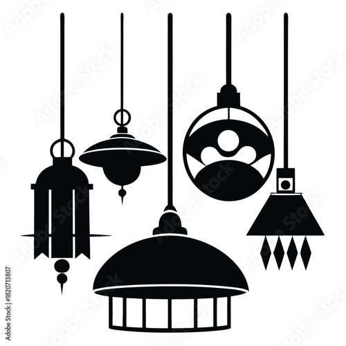 Five ornate black hanging lamps showcase various styles against the plain backdrop