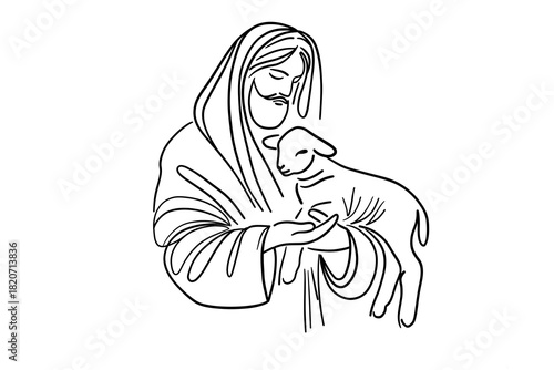 Jesus the Good Shepherd Holding a Lamb — Minimalist One-Line Christian Illustration, Faith and Protection Artwork