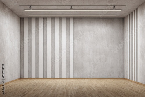 a large wall with gray wallpaper, wooden floor, and a ceiling with strip lights, an empty room mock-up interior design concept.