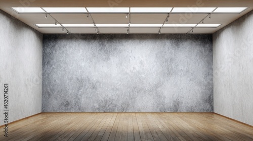 a large wall with gray wallpaper, wooden floor, and a ceiling with strip lights, an empty room mock-up interior design concept.