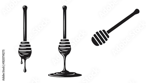 A set of black and white illustrations of honey dippers with dripping honey