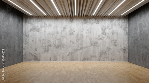 a large wall with gray wallpaper, wooden floor, and a ceiling with strip lights, an empty room mock-up interior design concept.