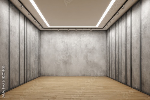 a large wall with gray wallpaper, wooden floor, and a ceiling with strip lights, an empty room mock-up interior design concept.
