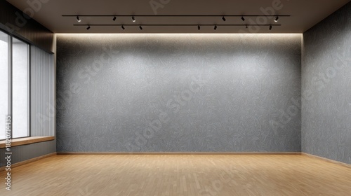 a large wall with gray wallpaper, wooden floor, and a ceiling with strip lights, an empty room mock-up interior design concept.