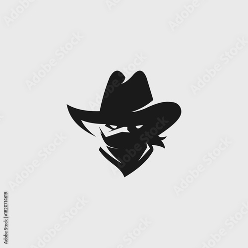 Monochrome vector of a mysterious cowboy outlaw with a masked face. A bold Western bandit silhouette perfect for a logo or mascot design