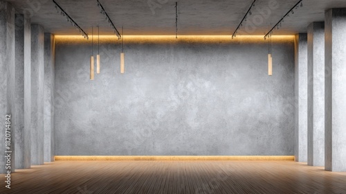 a large wall with gray wallpaper, wooden floor, and a ceiling with strip lights, an empty room mock-up interior design concept.