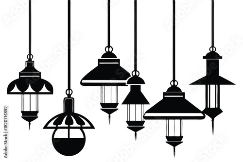 Elegant black silhouettes of vintage style hanging lamps illuminate a bright and spacious scene