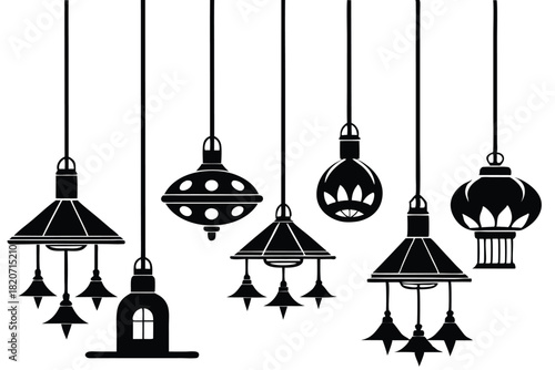 Retro collection shows six black ornate pendant lights hanging against a clean white background