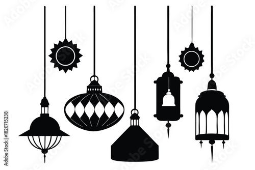Various black silhouettes of vintage style lanterns with sunshaped ornaments are suspended in the air