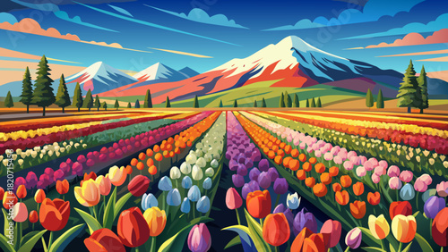 Very beautiful view of vibrant tulip fields in Oregon with rows of colorful blossoms leading toward the majestic snow-capped Mount Hood under a bright, clear sky.