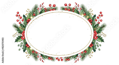 Watercolor Glitter Christmas Oval Floral Frame with Holly Leaves, Red Berries and Gold Sparkle Accents