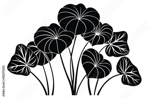Silhouette of clustered taro plants creates a striking monochrome botanical pattern against white