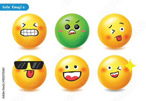 3D emojis: grimace, sick green face, silly tongue, cool sunglasses, cheerful smile, and winking. Ideal for digital design.