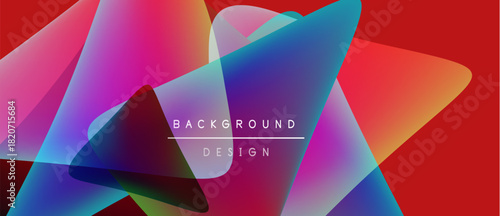 Abstract vibrant layers overlap, creating dynamic visual effect. Red background emphasizes colorful translucent shapes. Modern design element.