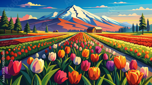 Very beautiful view of vibrant tulip fields in Oregon with rows of colorful blossoms leading toward the majestic snow-capped Mount Hood under a bright, clear sky.