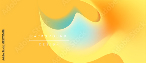 Abstract fluid shapes blend orange, yellow, turquoise hues. Background text reads background design. Modern, vibrant visual composition.