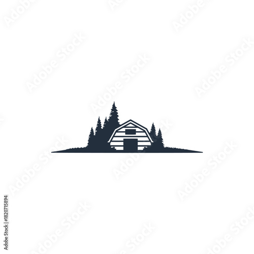 A minimalist logo design featuring a rustic barn or cabin nestled among pine trees in a forest silhouette