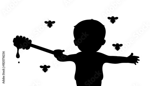 A silhouette of a child playing with honey and bees