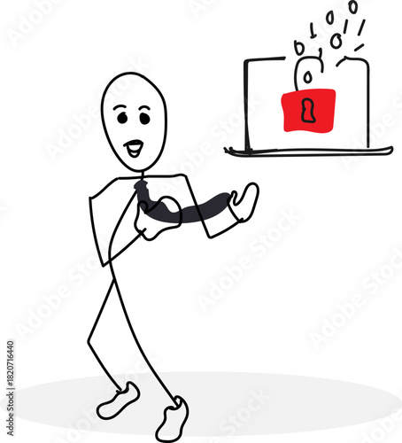 Cybersecurity and Data Protection Success (vector drawing with stick figure and lock)