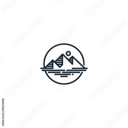 Minimalist line art icon of mountains and water with a DNA helix, symbolizing the intersection of nature, science, and genetics