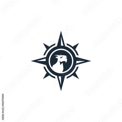 Mythical griffin head inside a compass rose symbol, an elegant logo for adventure and navigation