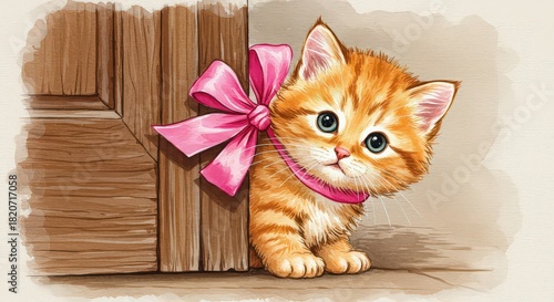 Cute kitten hiding behind door