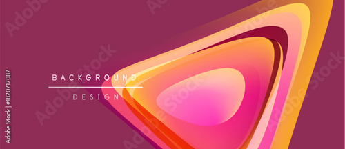 Abstract geometric shapes overlap, creating vibrant color gradients. Pink background complements orange, yellow hues. Modern design element.