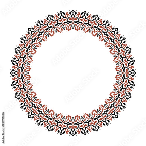 Ethnic round frame border pattern. Circular frame with an intricate, repeating ornamental pattern in black, burnt orange. Decorative border, with delicate floral, swirl motifs traditional aesthetic.