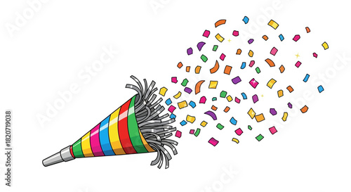 Party popper illustration with scattered confetti on white background