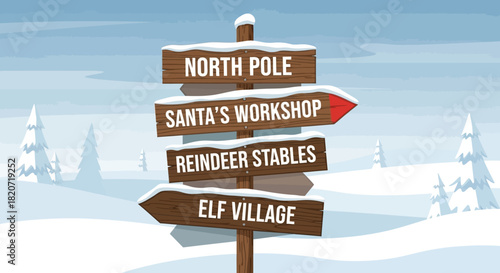 Wooden signpost in a snowy landscape indicating directions