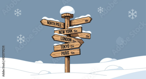 Wooden signpost with destinations in snowy landscape illustration