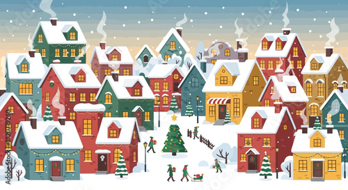Winter village scene snow covered houses with christmas trees vector illustration