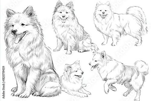 Detailed artistic drawing of the fluffy dogs in several poses, showcasing the dog's coat and features.