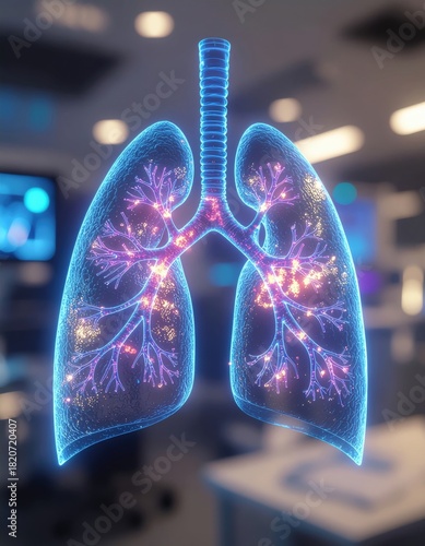 A digital representation of human lungs, showcasing intricate details with glowing branches, set in a modern medical environment.