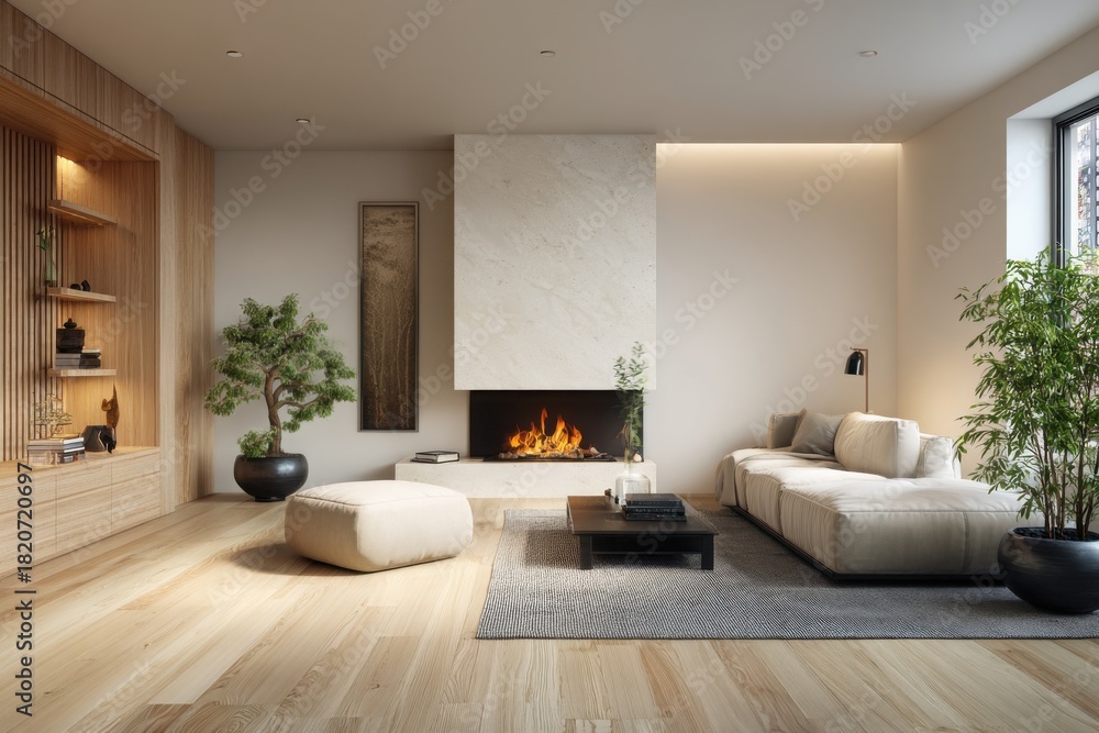 Fototapeta premium modern living room interior with wooden floor and cabinet and sofa near fireplace in a luxury apartment.