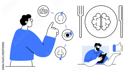 Person pointing at senses icons nose, eye, brain, mouth plate with brain, person using a tablet. Ideal for wellness, nutrition, decision-making, mindfulness habits self-care cognitive science