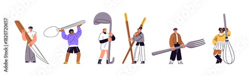 Tiny people with big cutlery set. Small men and women hold huge tableware for cooking and eating. Characters with fork, spoon, knife, soup ladle. Flat isolated vector illustrations on white background
