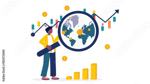 Conceptual illustration depicting market analysis with diverse data visualization elements charts graphs and strategic planning icons in a professional color palette